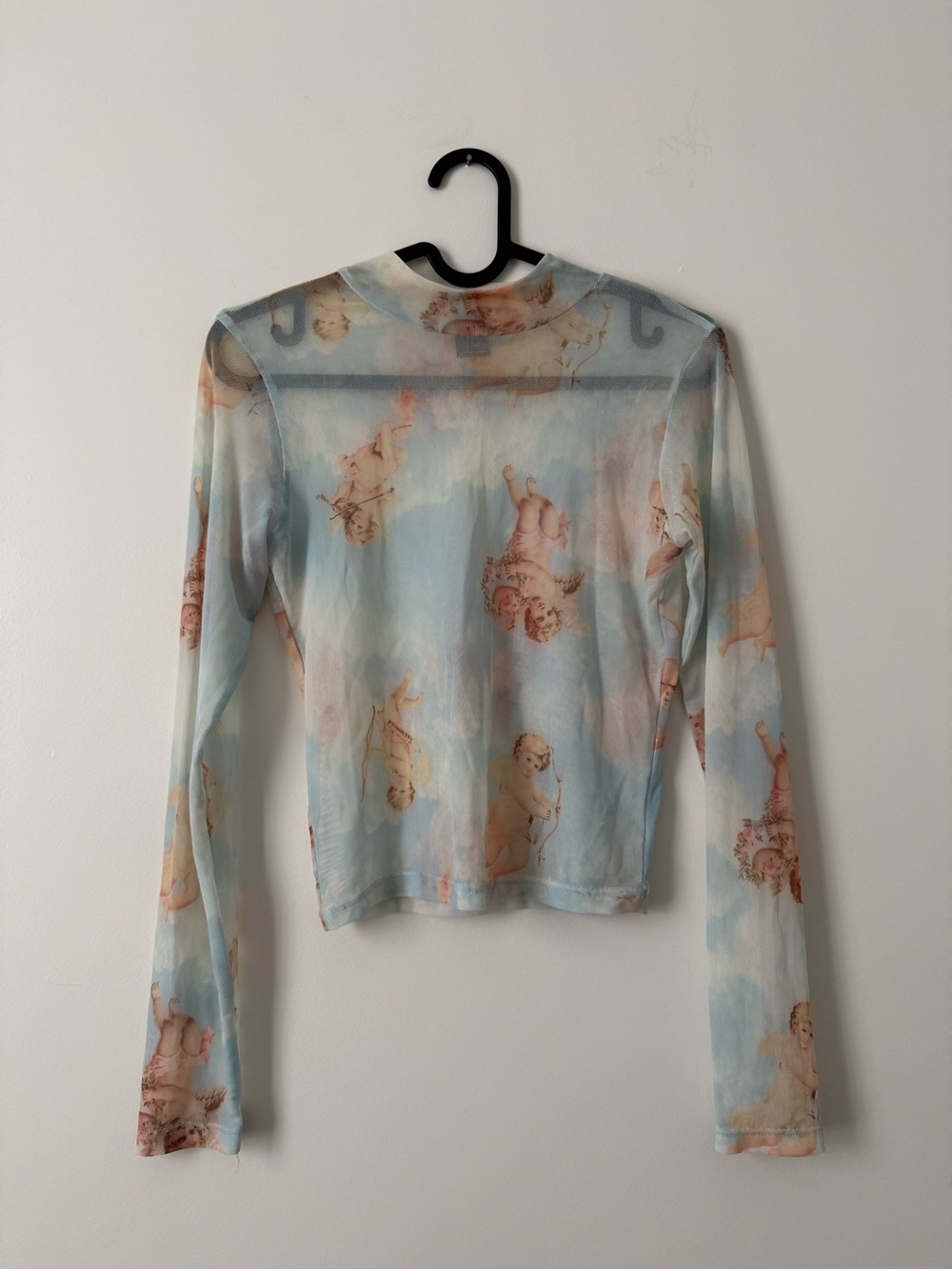 Sky Blue Cherub-Print Sheer Long Sleeve Top